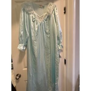 Ilise Stevens Blue Satin Nightgown Lace Collar Long Sleeve Vintage Style M NWT